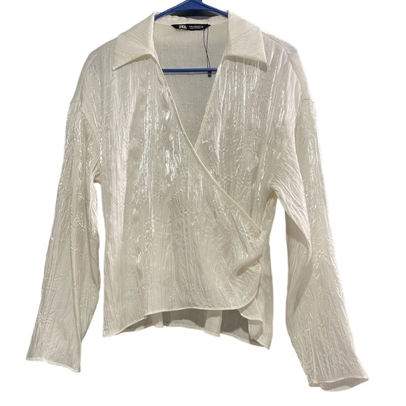 ZARA Long sleeve top, white metallic color size M - Picture 1 of 8
